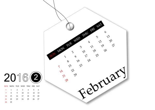 Февраль 2016- Календарь для дизайна тегов — стоковое фото