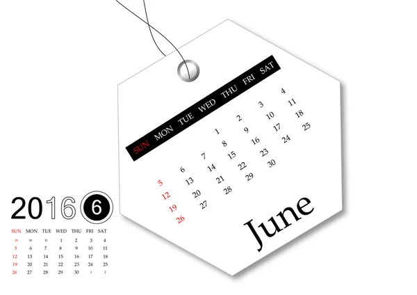 Июнь 2016 - Календарь для дизайна тэгов — стоковое фото
