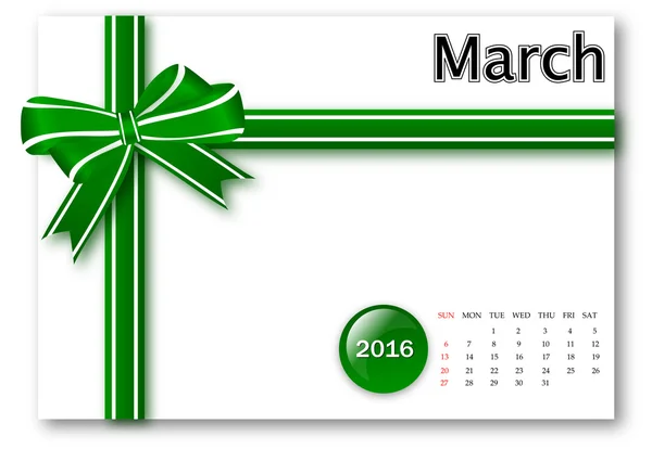 March 2016 - Calendar series with gift ribbon design — Stock Photo, Image