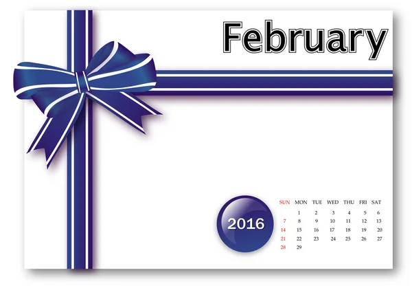 February 2016 - Calendar series with gift ribbon design — Stock Photo, Image