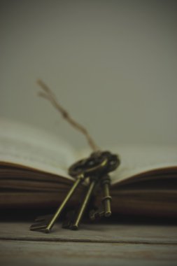 Antika ahşap arka plan üzerinde kitap tuşlarıyla