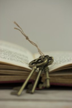 Antika ahşap arka plan üzerinde kitap tuşlarıyla