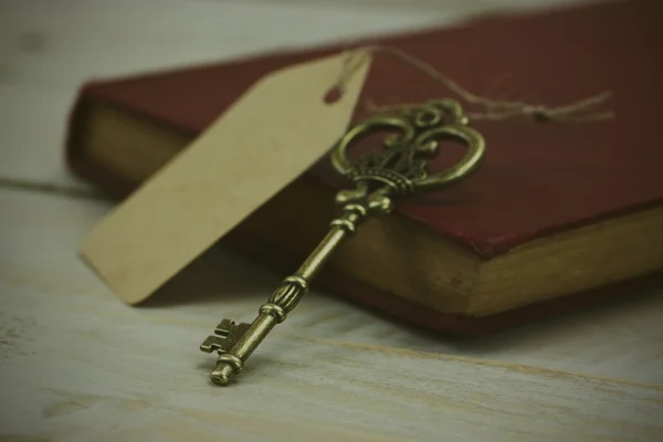 Vecchie chiavi e libro su uno sfondo rustico — Foto Stock