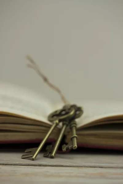 Antieke toetsen met de boek over houten achtergrond — Stockfoto