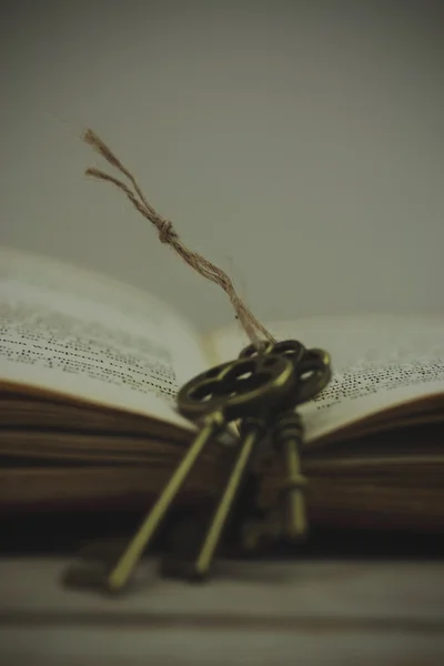 Antique keys with book on wooden background — Stock Photo, Image