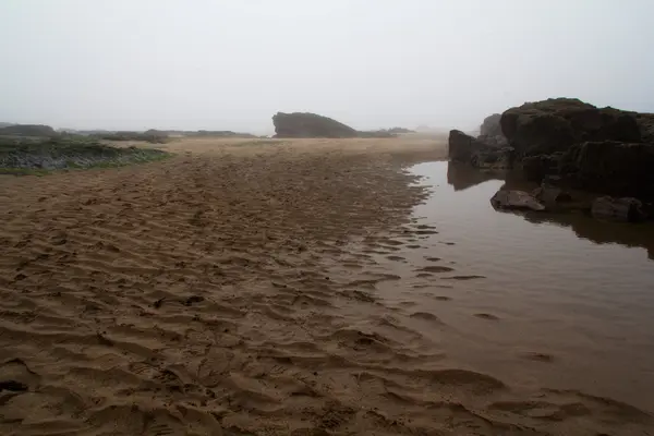 Rocas en la orilla con niebla marina en el fondo — Foto de Stock