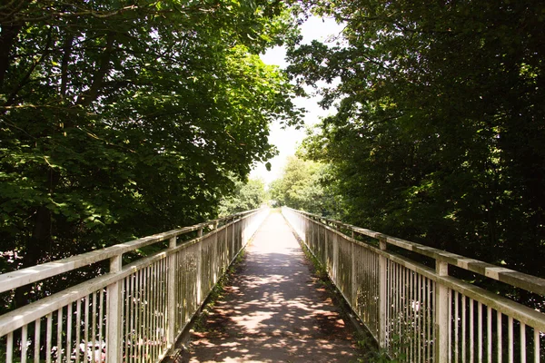 Blick entlang einer langen Fußgängerbrücke mit Geländern auf beiden Seiten — Stockfoto