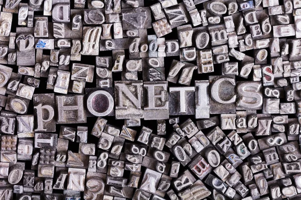 Close up of typeset letters with the word phonetics — Stock Photo, Image