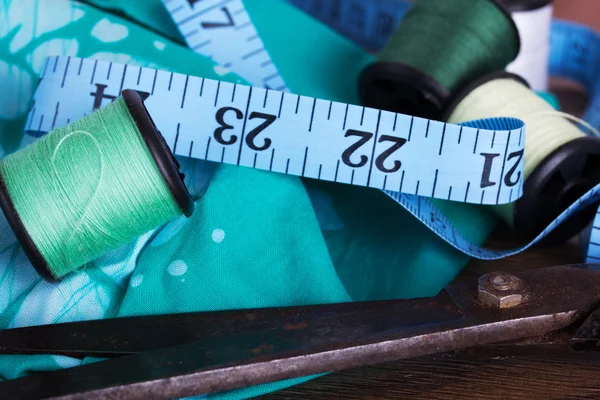 Sewing equipment in various shades of blue — Stock Photo, Image