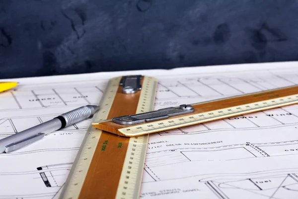 Drawing equipment on plans for making a model aircraft — Stock Photo, Image