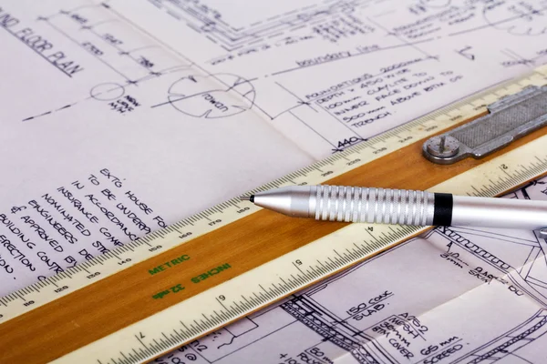 Drawing equipment with detailed architects house plans — Stock Photo, Image