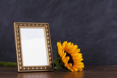 Resim çerçevesi ve ayçiçeği kirli blackboard adam karşı