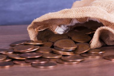 Sikke çanta ahşap yüzey üzerine döktüm