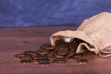 Sikke çanta ahşap yüzey üzerine döktüm