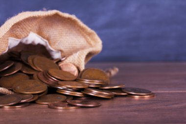 Sikke çanta ahşap yüzey üzerine döktüm