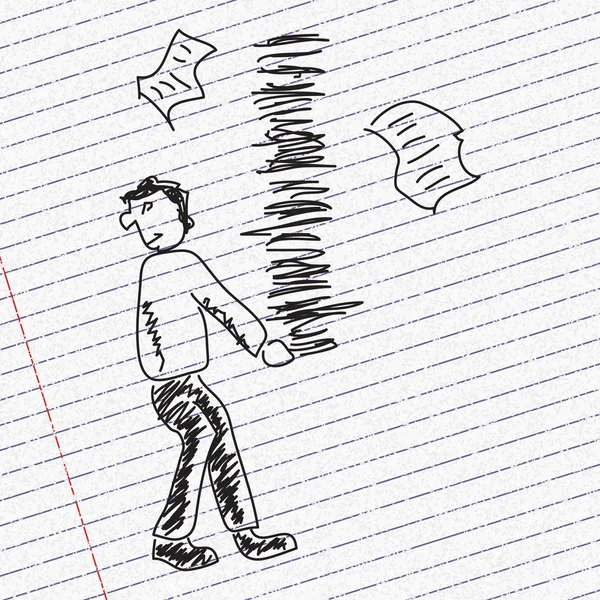 Doodle luonnos mies kuljettaa paperityötä paperilla tausta — vektorikuva