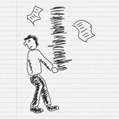 Kağıt arka plan üzerinde evrak taşıyan bir adam Doodle kroki