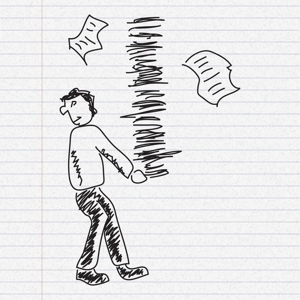 Bosquejo de Doodle de un hombre llevando papeleo sobre fondo de papel — Archivo Imágenes Vectoriales