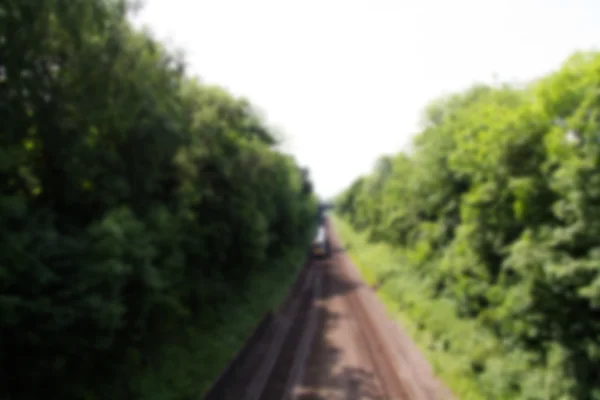 フォーカスの両側に木がある鉄道の線路の上を表示します。. — ストック写真