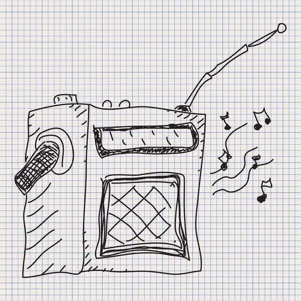 Doodle schets van een radio op de achtergrond van ruitjespapier — Stockvector