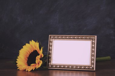 Resim çerçevesi ve ayçiçeği kirli blackboard adam karşı