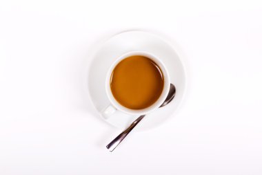 Kahve Kupası ve beyaz bir arka plan üzerinde uçan daire