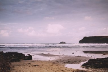 Polzeath Vintage Retro Filt plajda üzerinden sabah erken görünüm