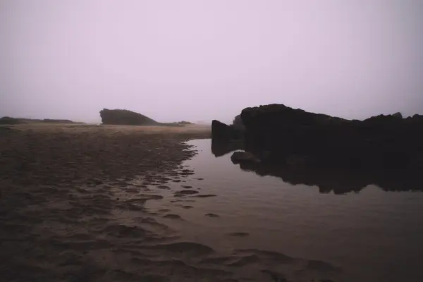 Rocce sulla riva con nebbia di mare sullo sfondo Vintage Retro — Foto Stock