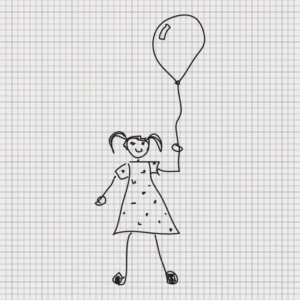 Dibujo de Doodle de una niña sosteniendo globo sobre un fondo de papel gráfico — Vector de stock