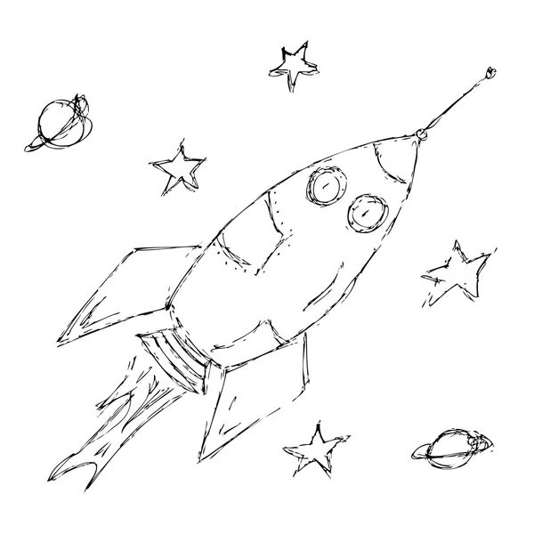 Kézzel rajzolt toll és tinta rajzos illusztráció egy tér rakéta — Stock Vector