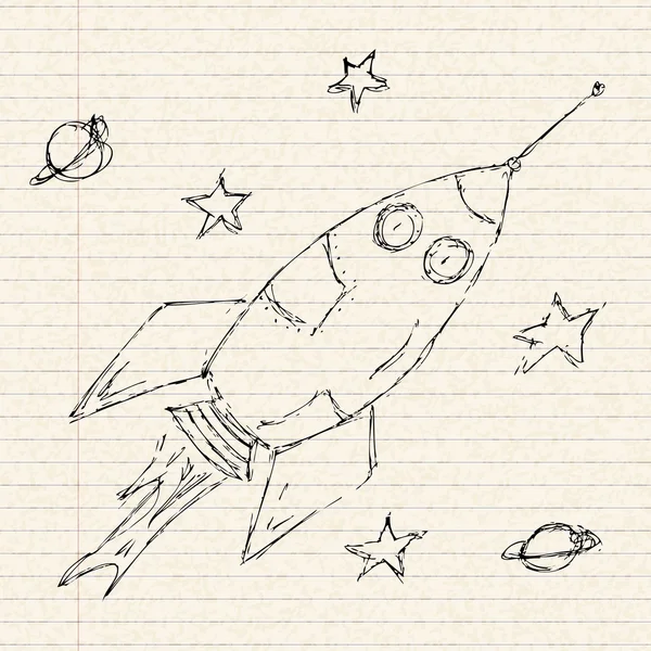 Illustration einer Weltraumrakete auf liniertem Papier — Stockvektor