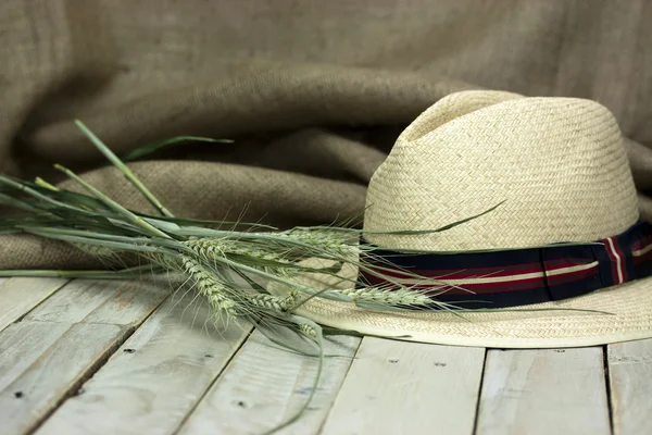 Chapeau de paille sur surface rustique — Photo