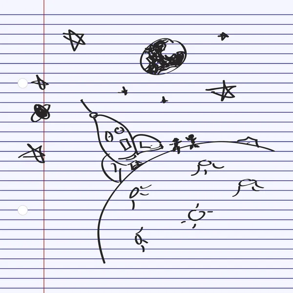 Einfaches Doodle einer Rakete auf dem Mond — Stockvektor