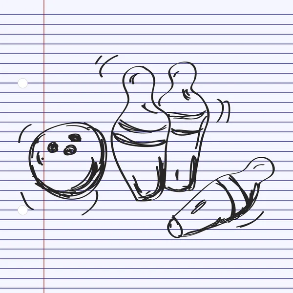 Bir bowling topu ve skittles basit doodle — Stok Vektör