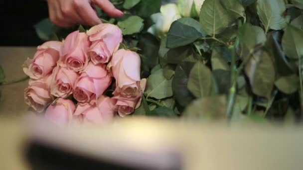 Mãos de mulher são tomar um rosa Rosas na loja . — Vídeo de Stock