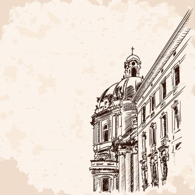 Çizikler, toprak ve eski bir Avrupa şehrinin eskiziyle birlikte antik bej arka plan..