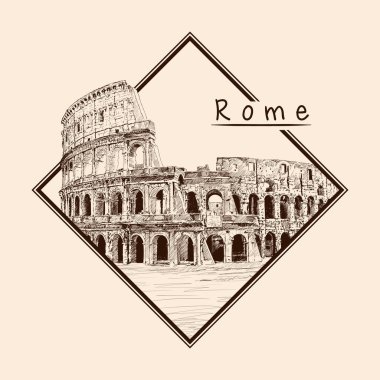 İtalyan mimari anıtı Colosseum. Bej bir arka planda kalem çizimi. Dikdörtgen bir çerçevede amblem ve bir yazı.
