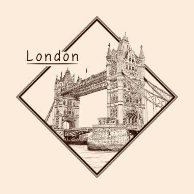 Londra 'da Thames Nehri' nin karşısındaki Tower Bridge. Bej bir arka planda kalem çizimi. Dikdörtgen bir çerçevede amblem ve bir yazı.