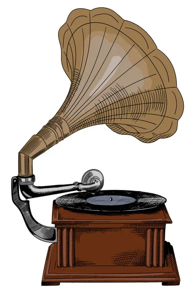 老式木制留声机 有唱片和扬声器 — 图库矢量图片