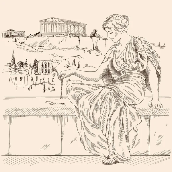 アテネの風景を背景に石のパラペットに座っているチュニックの古代ギリシャの女性と彼女の手で宝石を保持しています — ストックベクタ