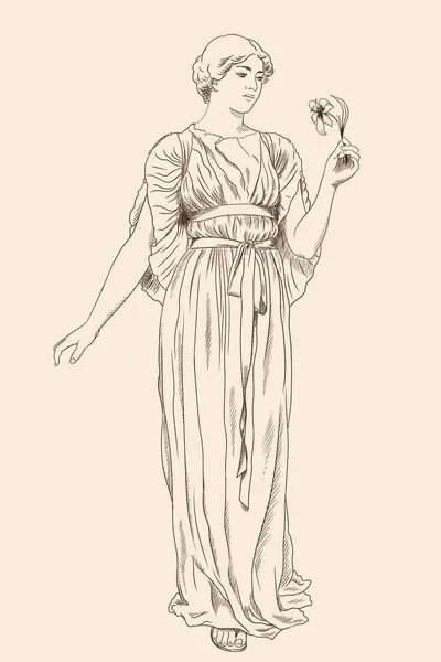 Une Ancienne Fille Grecque Tunique Avec Une Fleur Main — Image vectorielle