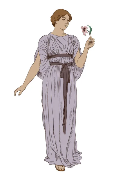 Una Antigua Chica Griega Una Túnica Con Una Flor Mano — Vector de stock