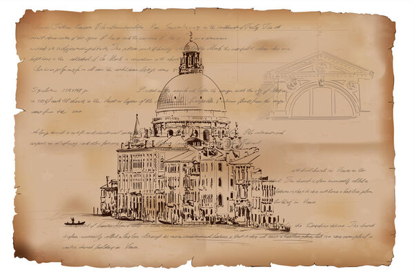 Antique beige papyrus with scratches and dirt and a sketch of the Cathedral of St. Mary in Venice..