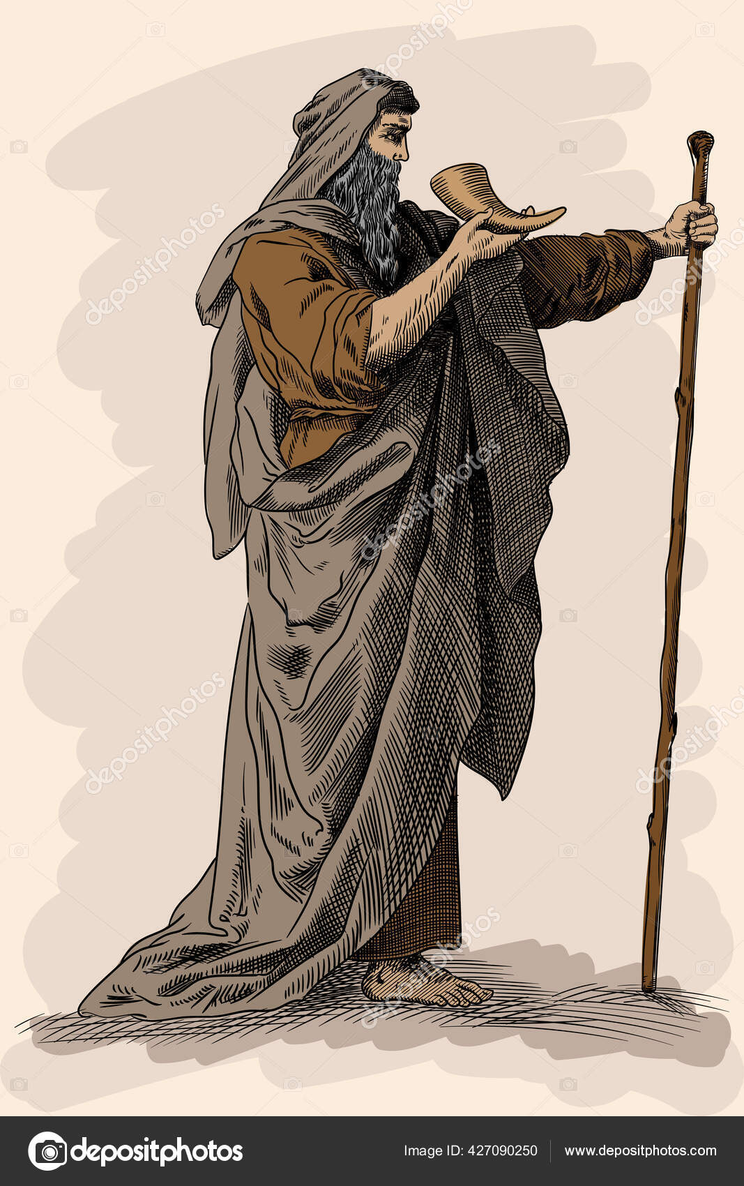 Ancient Mythological Character Moses Walks Desert Staff Horn His Hand