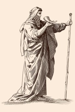 Elinde asası ve boynuzu olan eski Yunan pelerinli yaşlı bir adam..