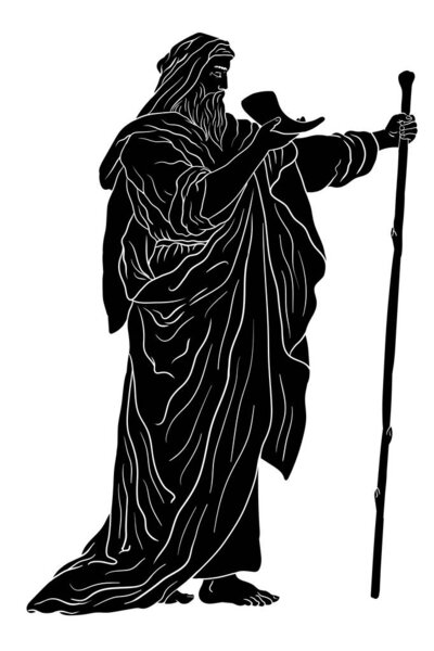Древний греческий старик в плаще с посохом и рогом в руках.