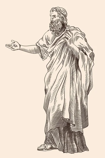 Старик Бородой Древнегреческой Одежде Стоит Жестикулирует Имитация Античной Гравюры — стоковый вектор