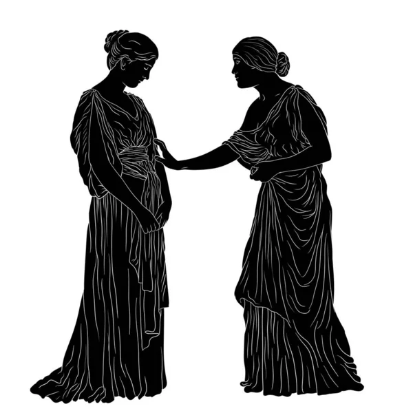 チュニックの2人の若い古代ギリシャの女性が立って話をします 白地に隔離されたシルエット — ストックベクタ