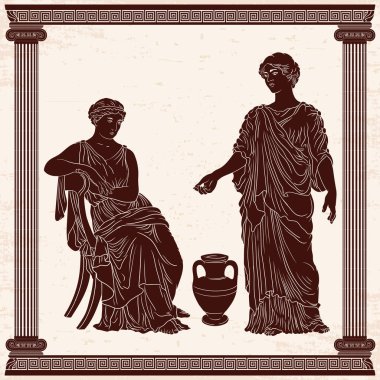 İki eski Yunan kadını bir sürahi şarabın yanında konuşuyor..