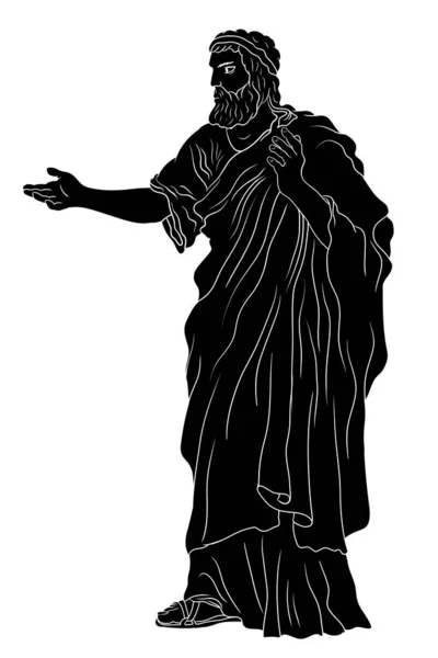 Old Man Beard Ancient Greek Clothes Stands Gestures Black Silhouette — Stock Vector